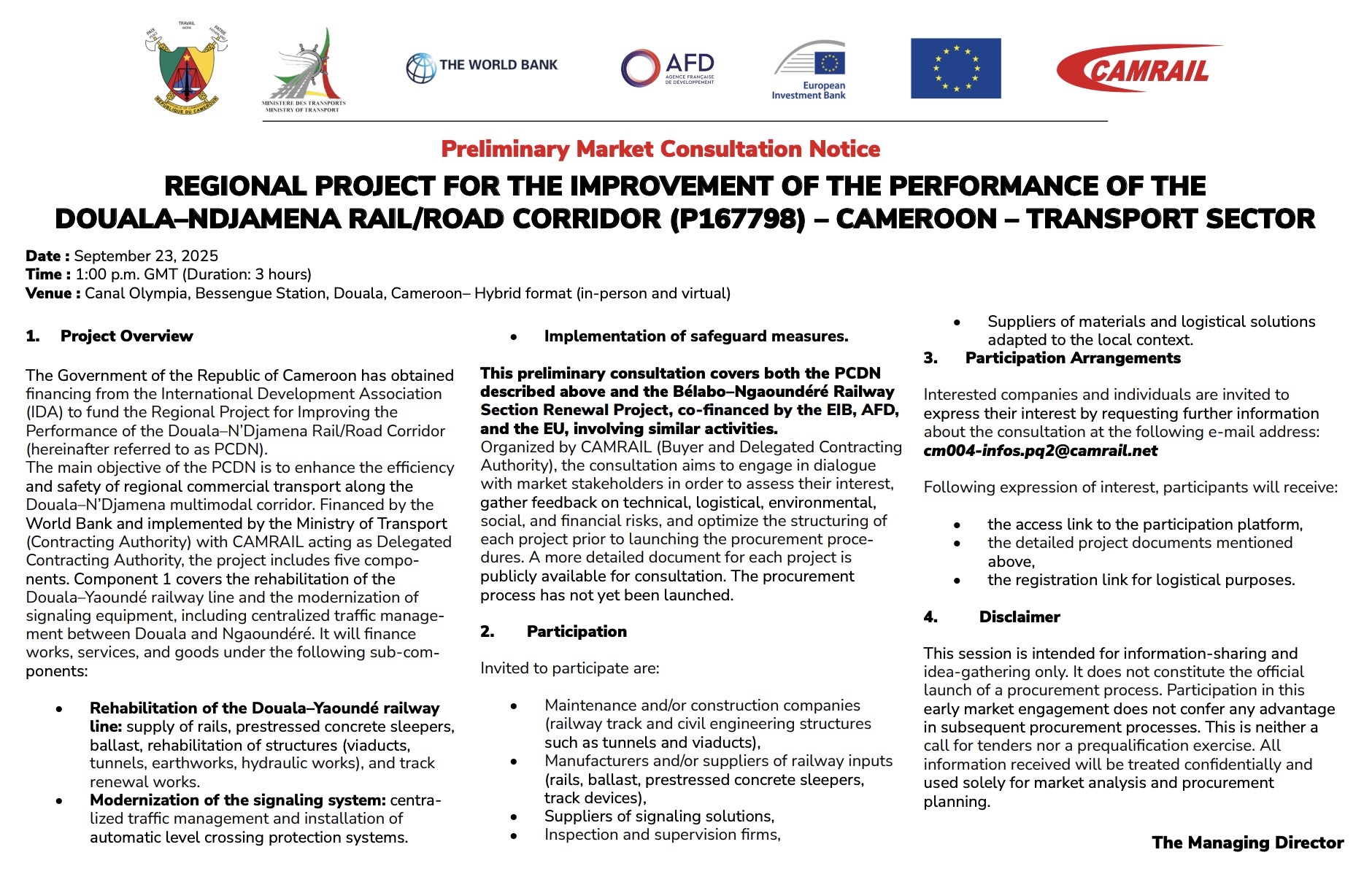 Preliminary Market Consultation for Douala–N’Djamena Corridor Improvement Project