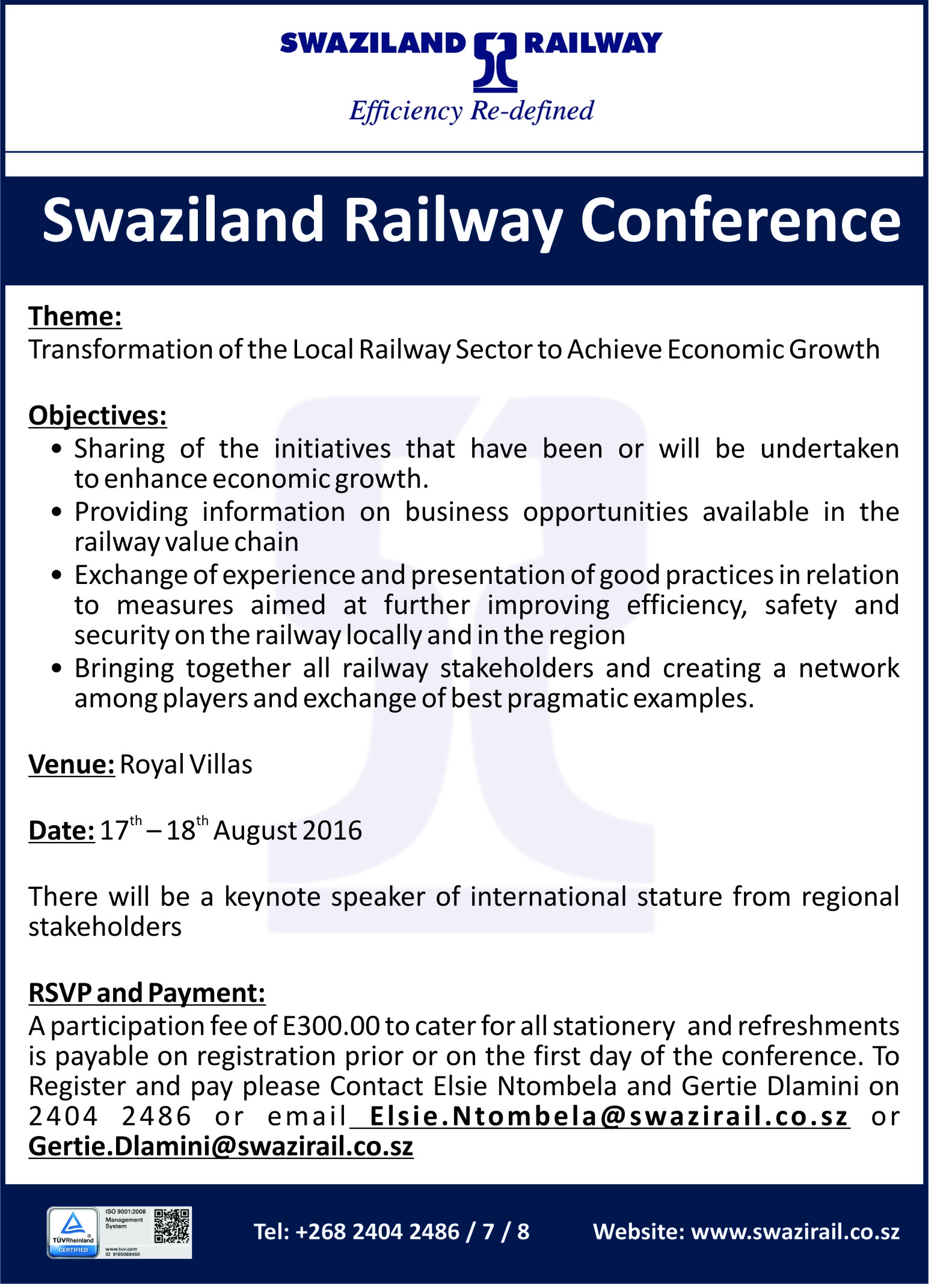 Swaziland Railway 2nd Local Rail Conference - 17 to 18 August 2016
